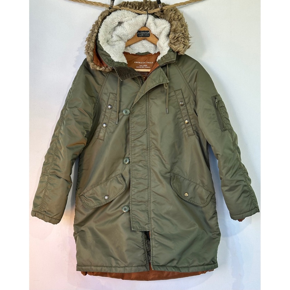American Eagle Parka Jacket Faux Fur Hood Mid Length Women S Green